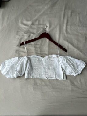 White Smocked Puff-Sleeve Crop Top